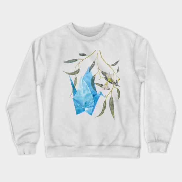 Blue origami paper crane & eucalyptus branch Crewneck Sweatshirt by ZoyaArt